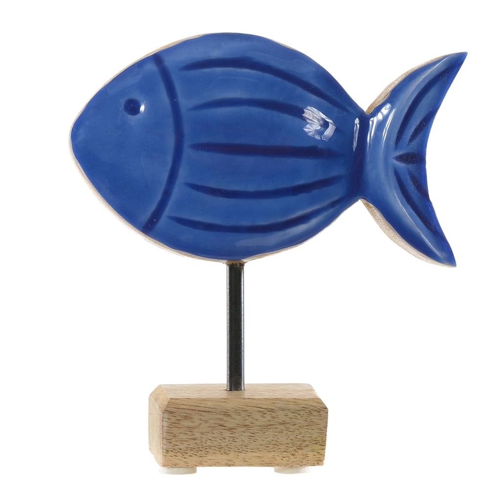 ESCULTURA DECORATIVA MADEIRA PEIXE (AZUL) 14X13X5cm