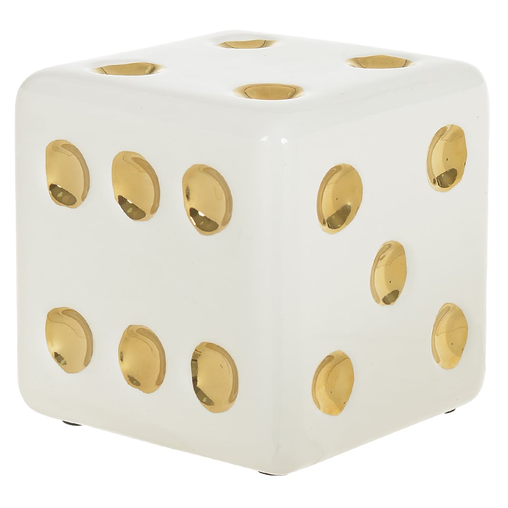 ESCULTURA DECORATIVA CERAMICA DADO (BRANCO DOURADO) 10cm 10d