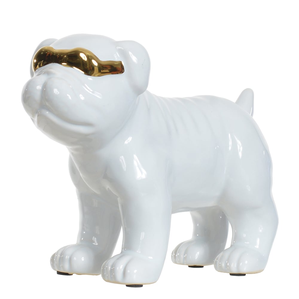 ESCULTURA DECORATIVA CERAMICA CACHORRO (BRANCO DOURADO) 15,5X21X9cm