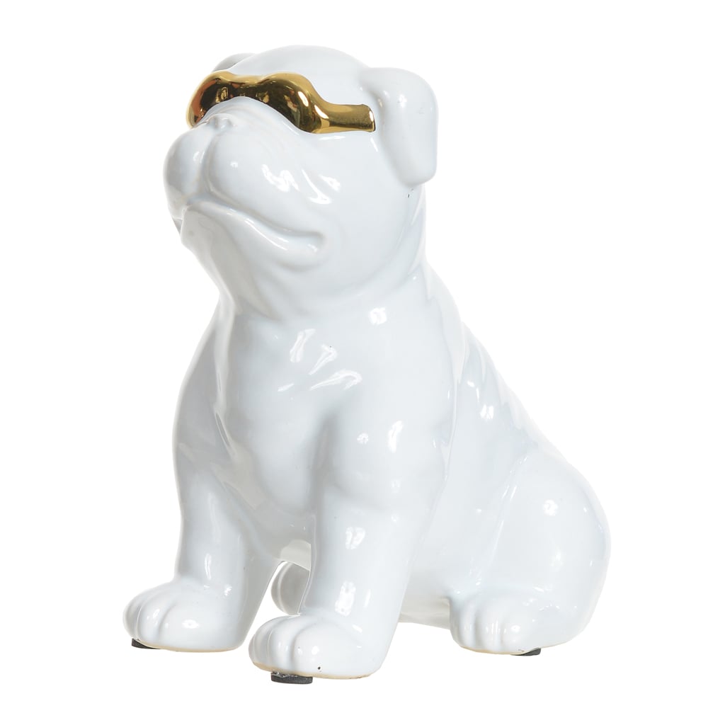 ESCULTURA DECORATIVA CERAMICA CACHORRO (BRANCO DOURADO) 16X17X8,5cm