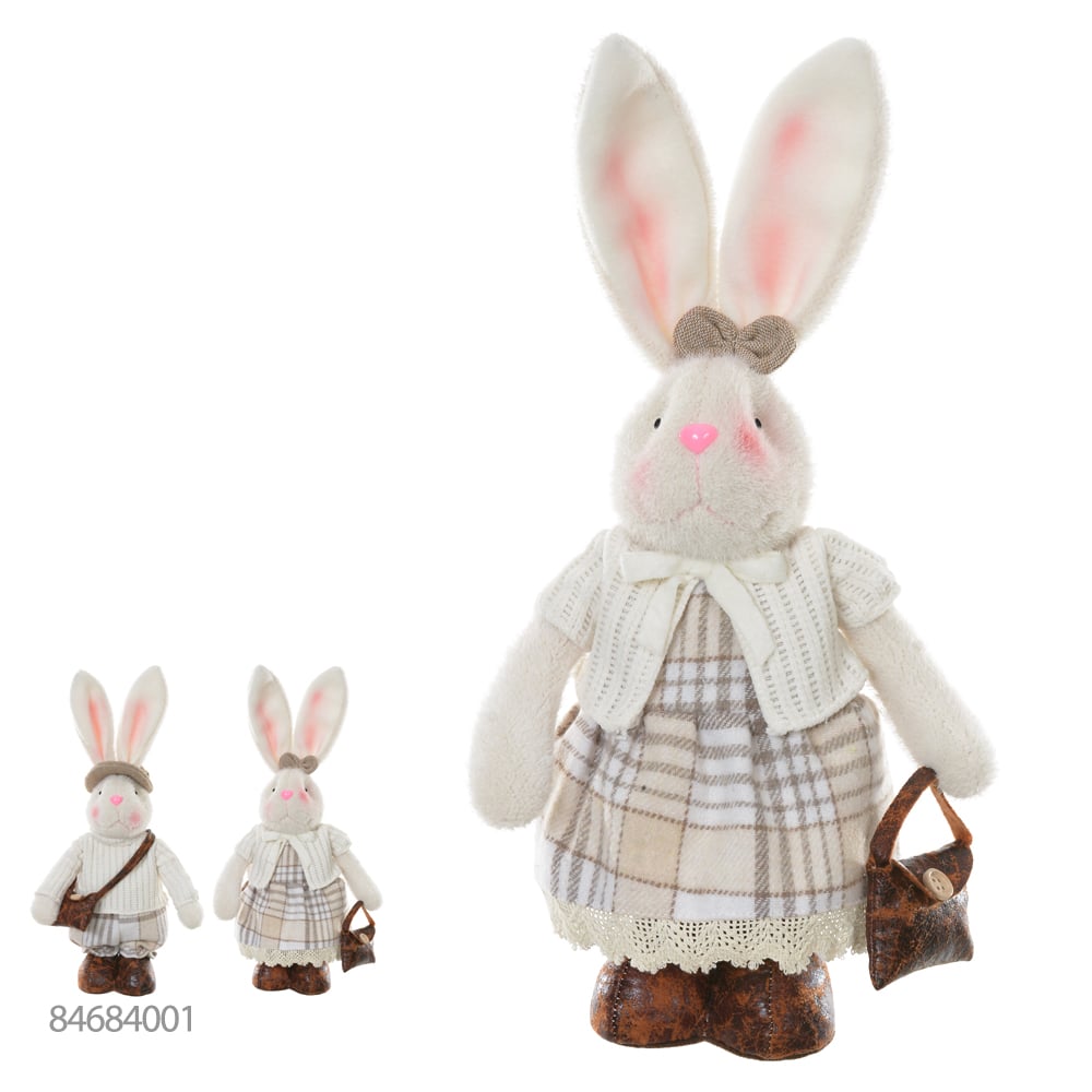 BONECA COELHA TECIDO (BEGE XADREZ) 43cm