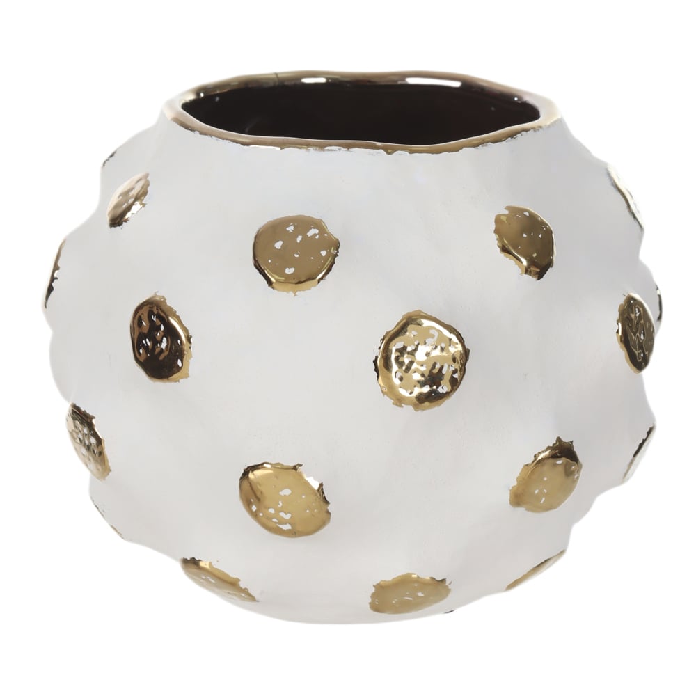 VASO DECORATIVO CERAMICA COM BOLAS (BRANCO DOURADO) 14cm 18,5d