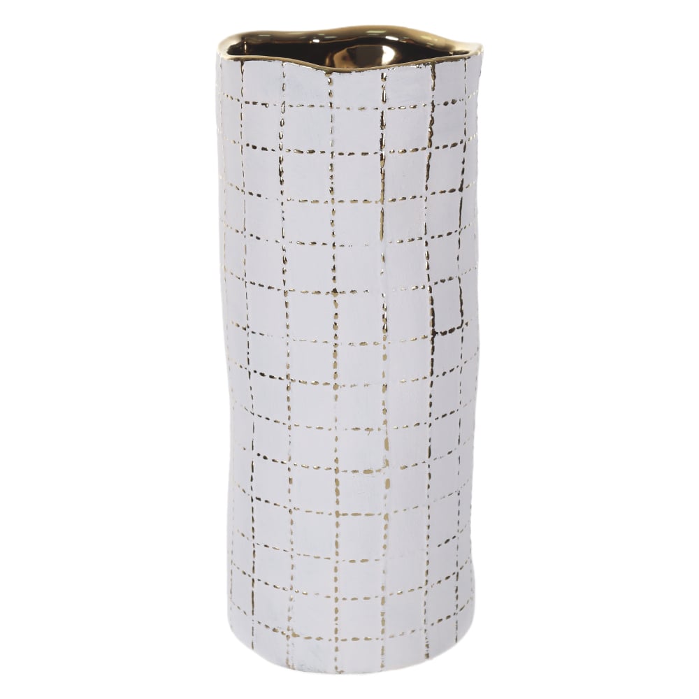 VASO DECORATIVO CERAMICA PESPONTADO (BRANCO DOURADO) 27,5cm 11,5d