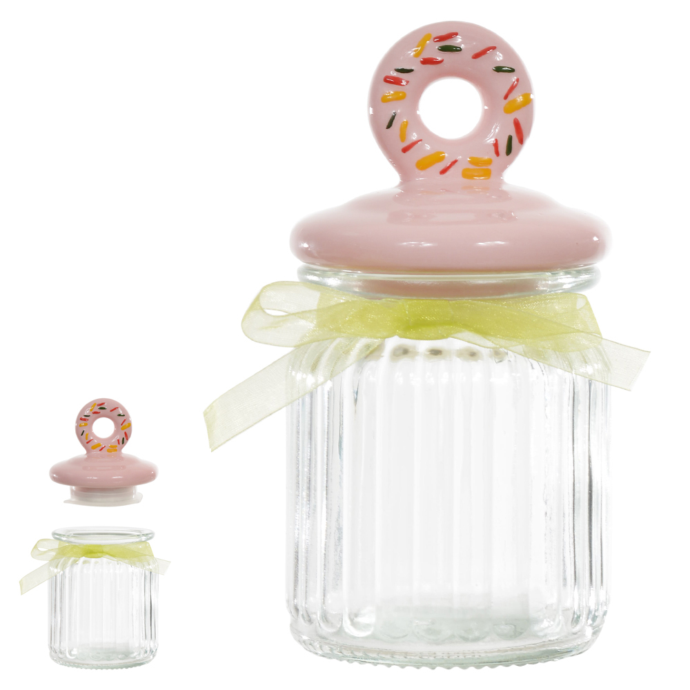 POTE DE VIDRO 300ML C/TAMPA DONUT (ROSA) 14,8cm