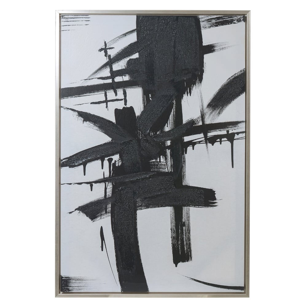QUADRO DECORATIVO CANVAS TOQUE DE PINTURA C/ MOLDURA (BRANCO PRETO) 90X60X3,8cm