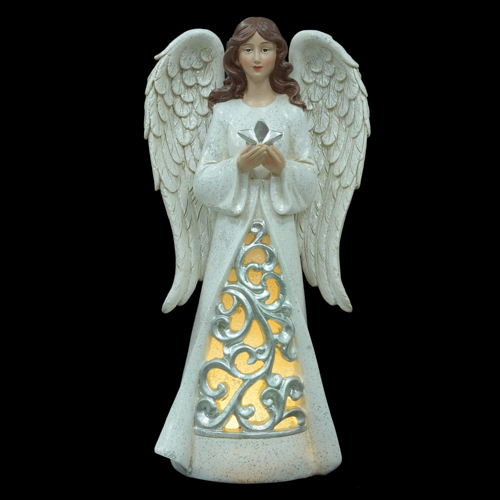 RESINA NATAL ANJO C/LED (BRANCO PRATA) 31X16cm