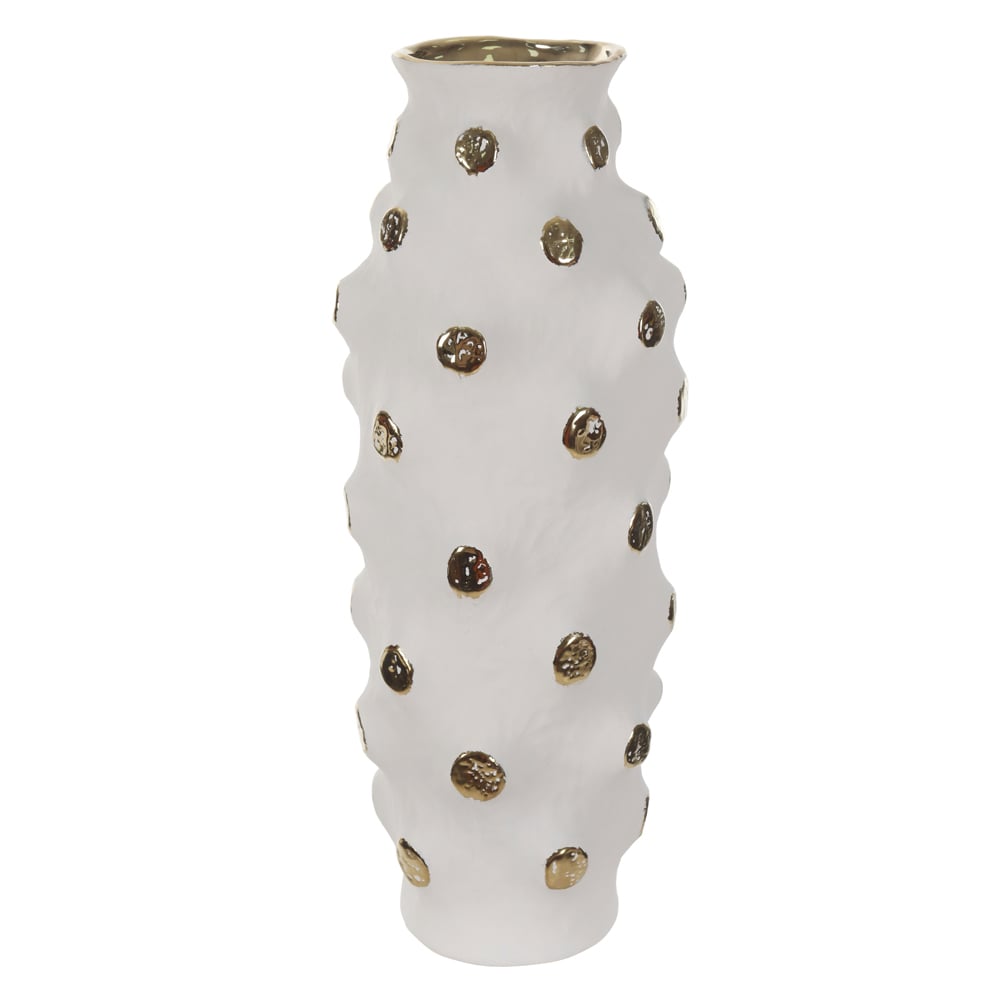 VASO DECORATIVO CERAMICA COM BOLAS (BRANCO DOURADO) 50cm 18,5d