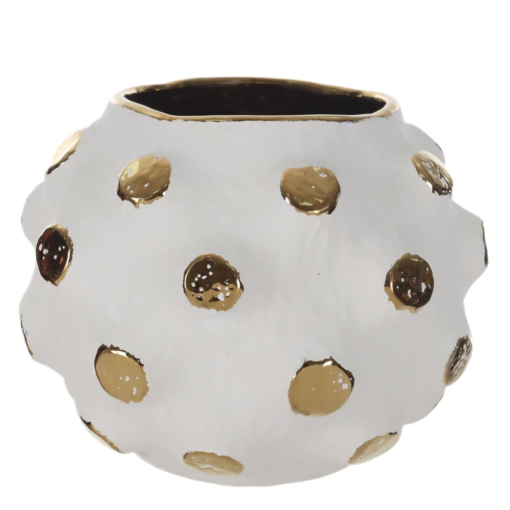 VASO DECORATIVO CERAMICA COM BOLAS (BRANCO DOURADO) 18,5cm 24,5d