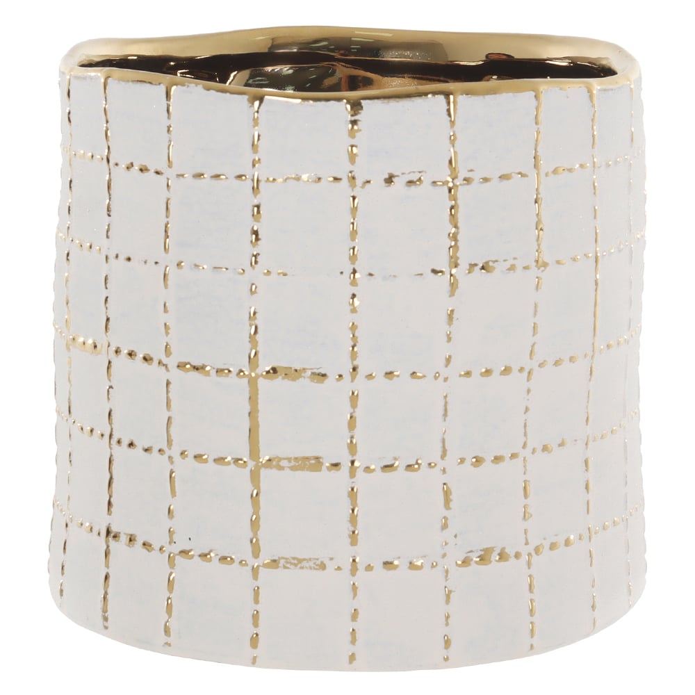 CACHEPOT DECORATIVO CERAMICA PESPONTADO (BRANCO DOURADO) 15cm 16d