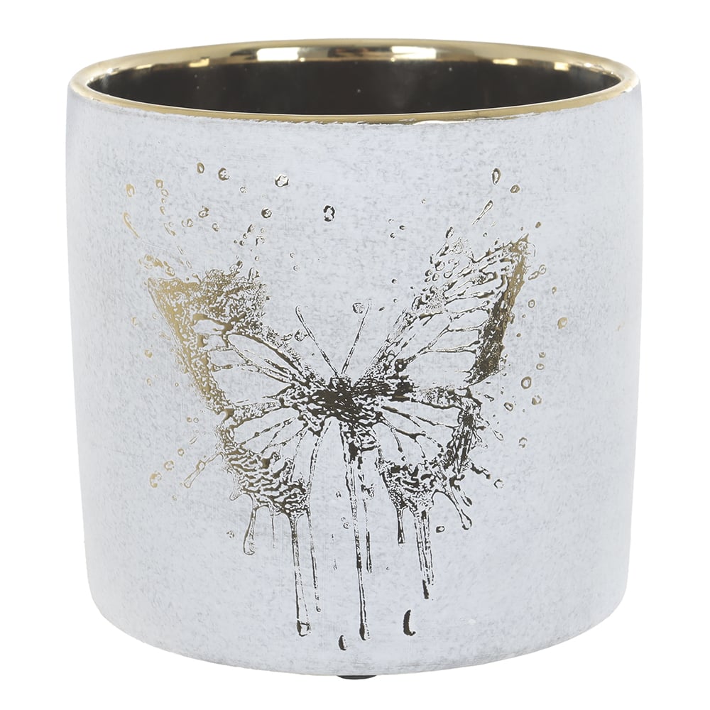CACHEPOT DECORATIVO CERAMICA COM DET. BORBOLETA (BRANCO DOURADO) 13cm 13,5d