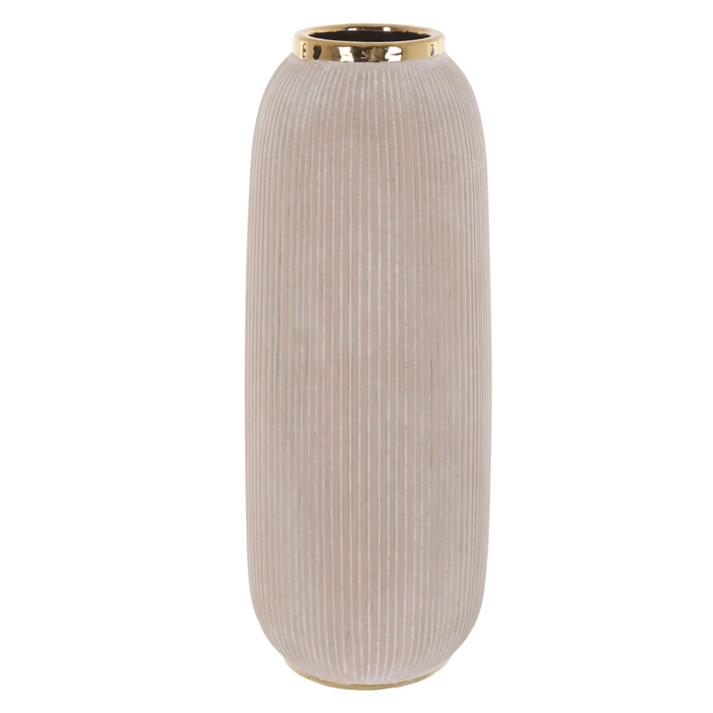 VASO DECORATIVO CERAMICA TEXTURIZADO COM DET (OFF WHITE DOURADO) 40cm 15d