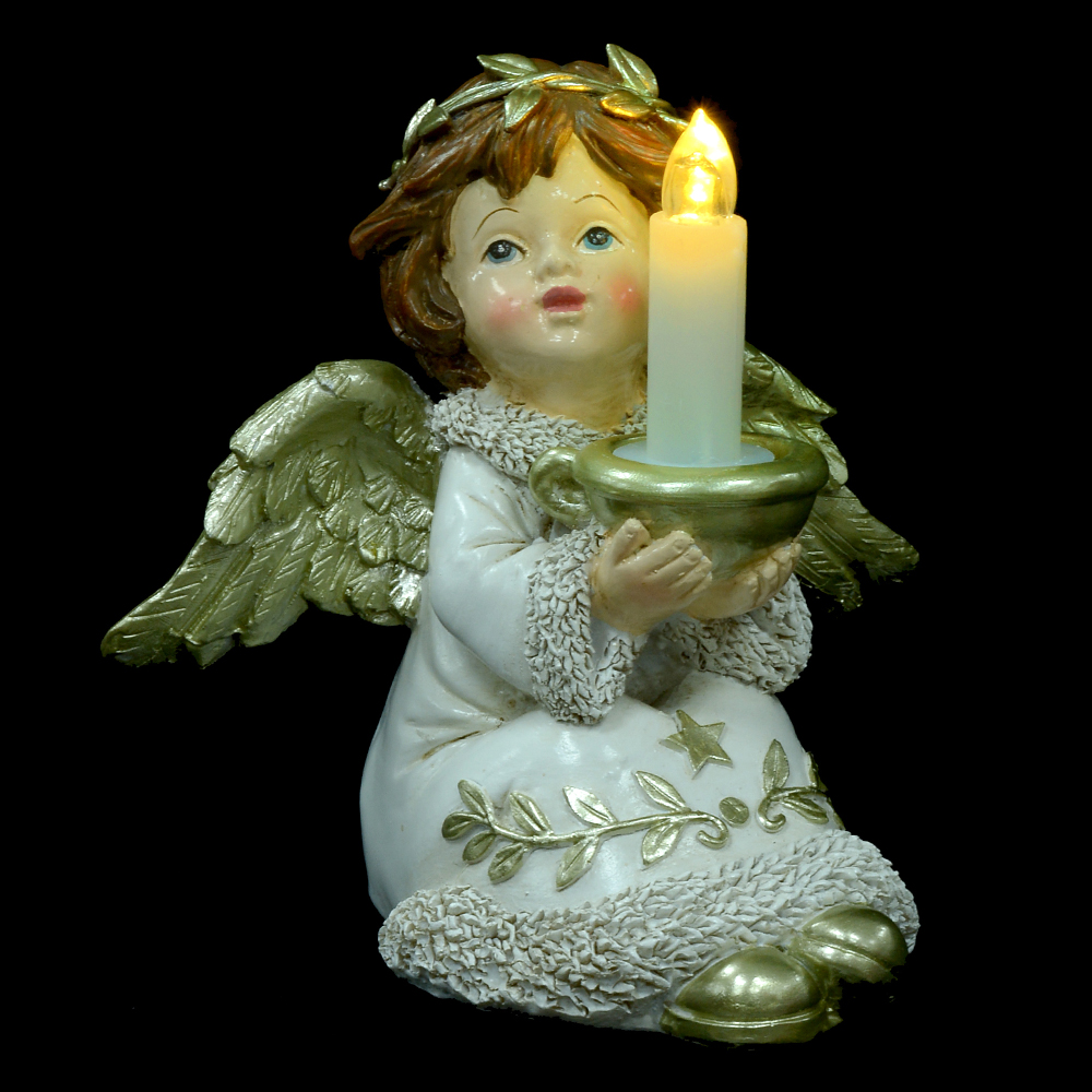 RESINA NATAL ANJO SENTADO C/LED (BRANCO DOURADO) 14,5X15X11,5cm