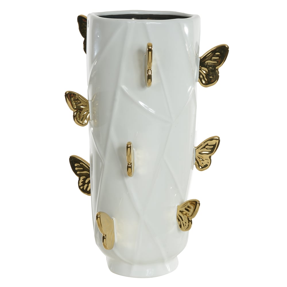 VASO DECORATIVO CERAMICA BORBOLETA (BRANCO DOURADO) 40cm 25,5d