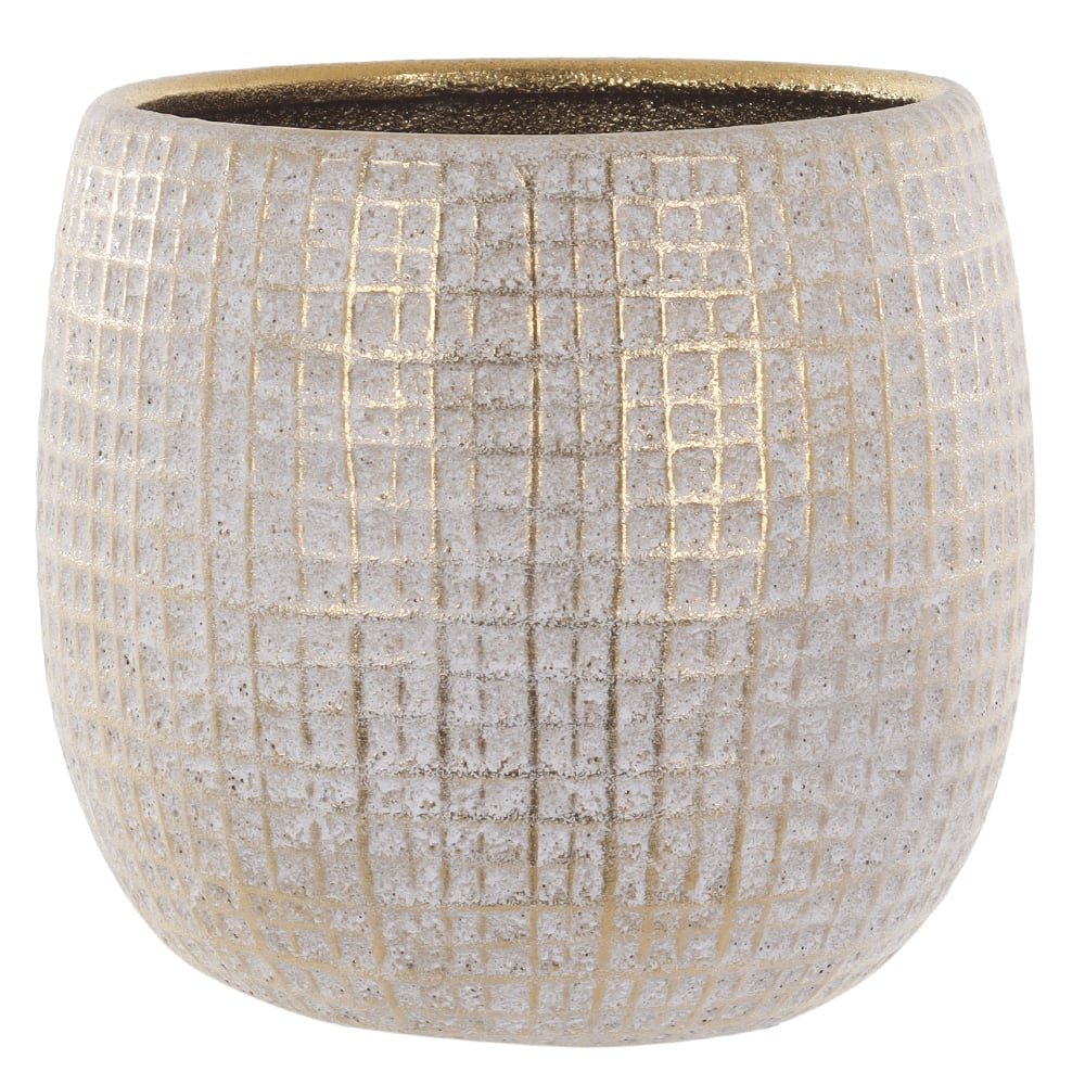 CACHEPOT DECORATIVO CERAMICA QUADRICULADO (OFF WHITE DOURADO) 16,5cm 18d