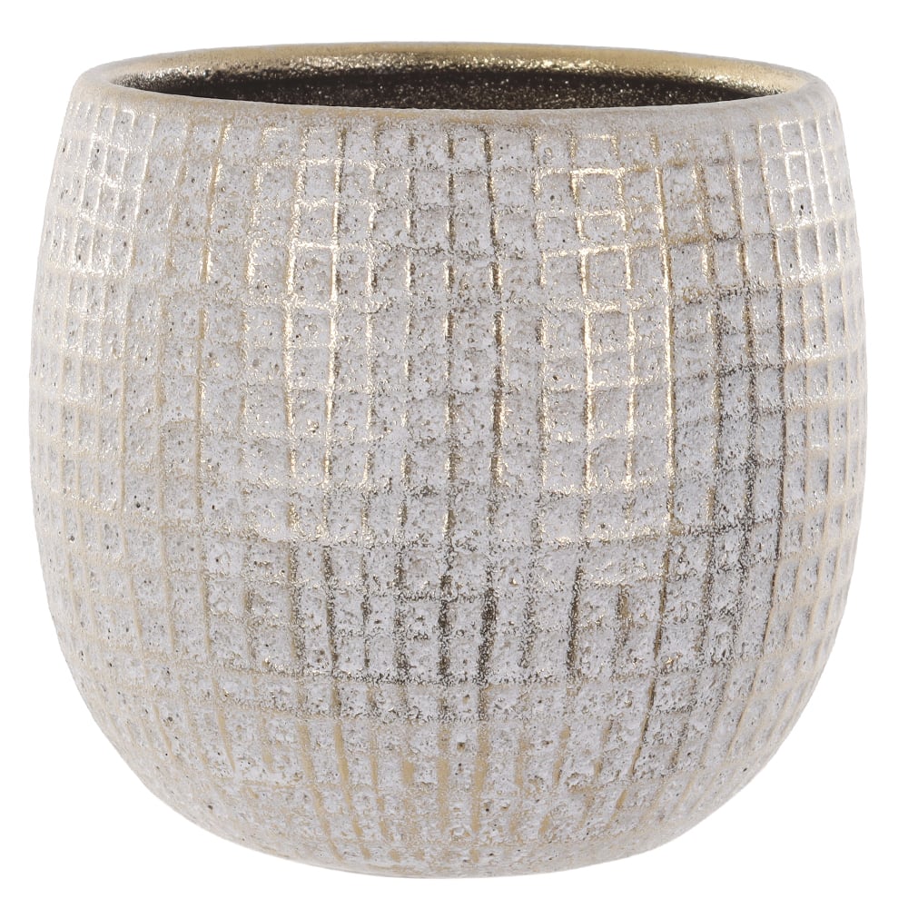 CACHEPOT DECORATIVO CERAMICA QUADRICULADO (OFF WHITE DOURADO) 14,5cm 16d