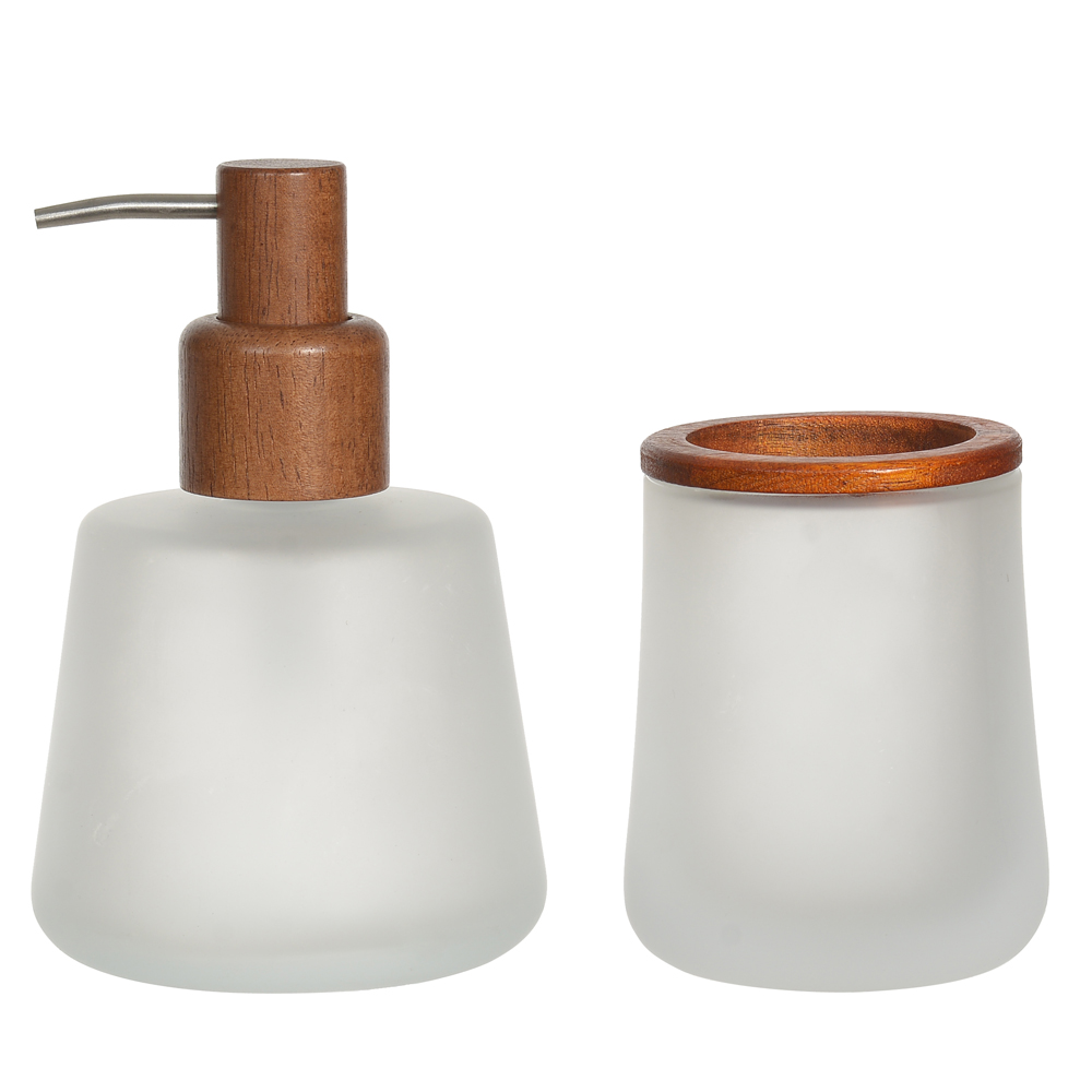 KIT PARA BANHEIRO VIDRO 350ml C/2 PECAS MADEIRA ACACIA (TRANSPARENTE FOSCO)
