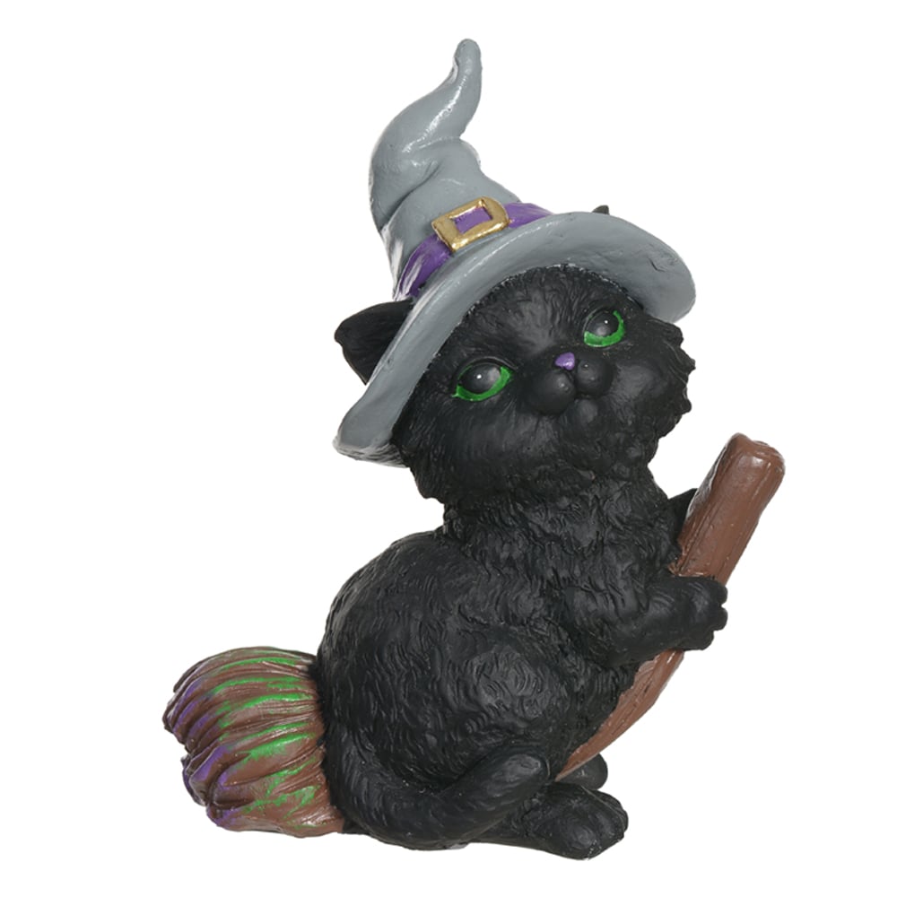 DECORATIVO RESINA GATO C/VASSOURA BRUXA (PRETO CINZA) 13,3X6X10,2cm