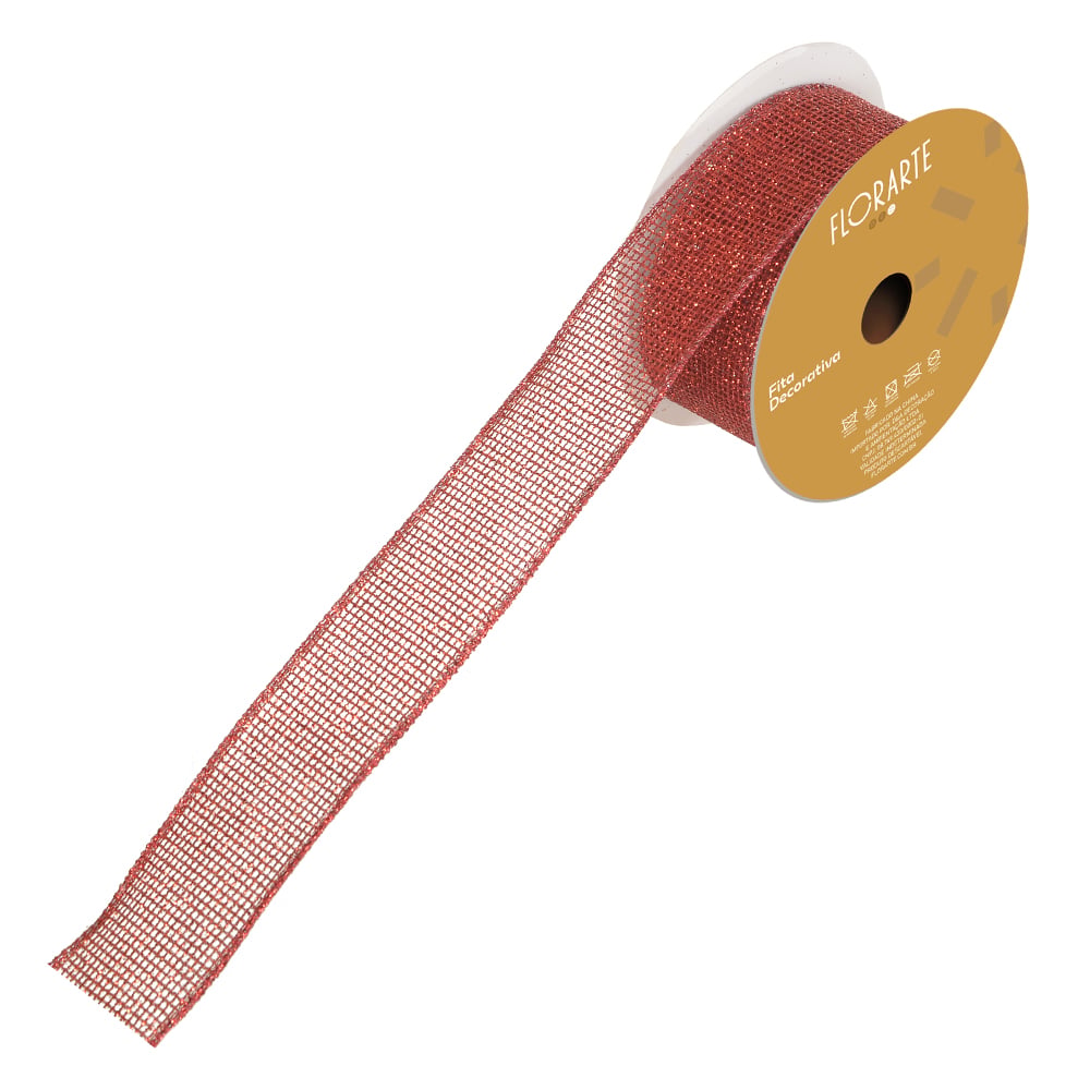 FITA TELA ARAMADA C/ GLITTER C/COSTURA (VERMELHO) 3,8cmX9,14m