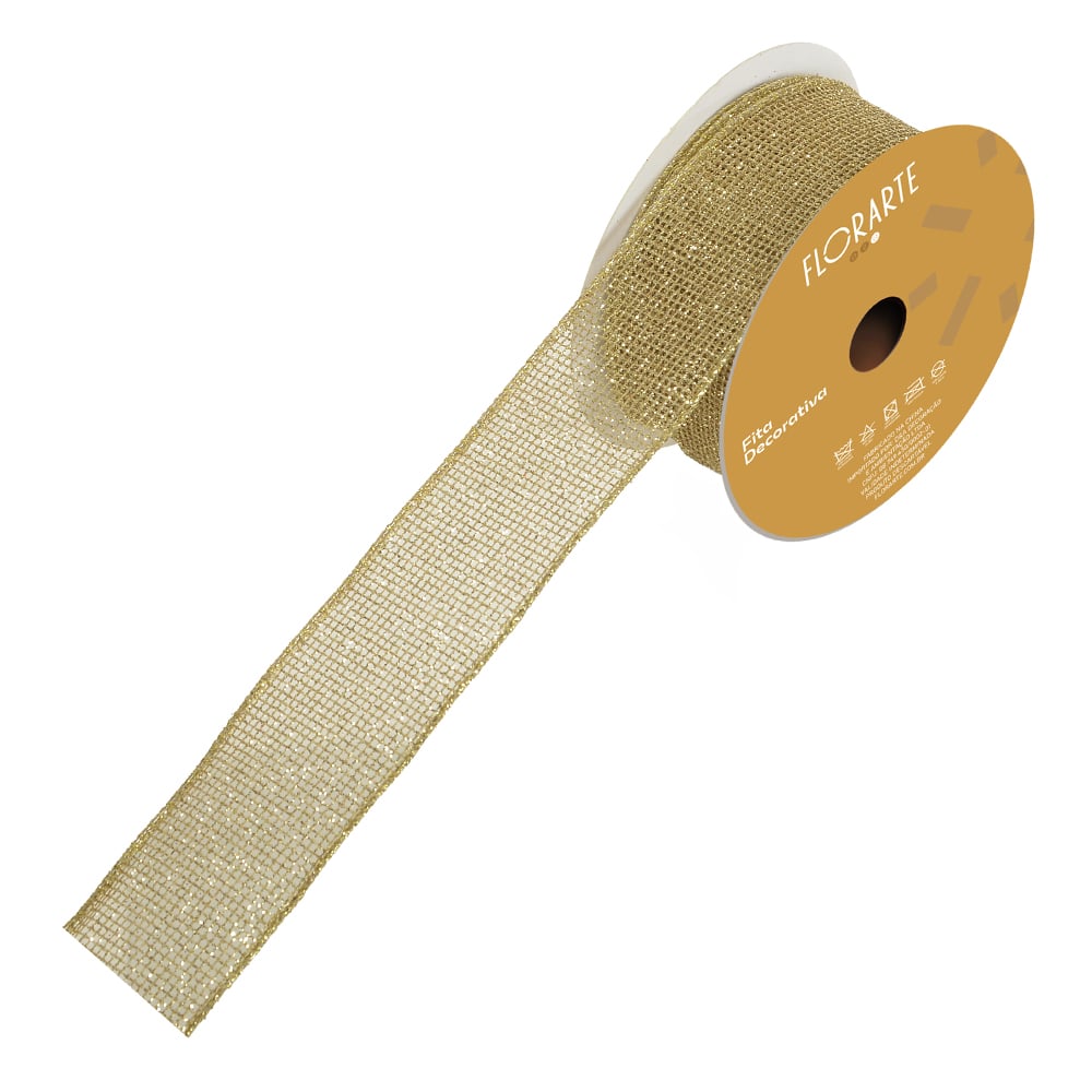 FITA TELA ARAMADA C/ GLITTER C/COSTURA (DOURADO) 3,8cmX9,14m