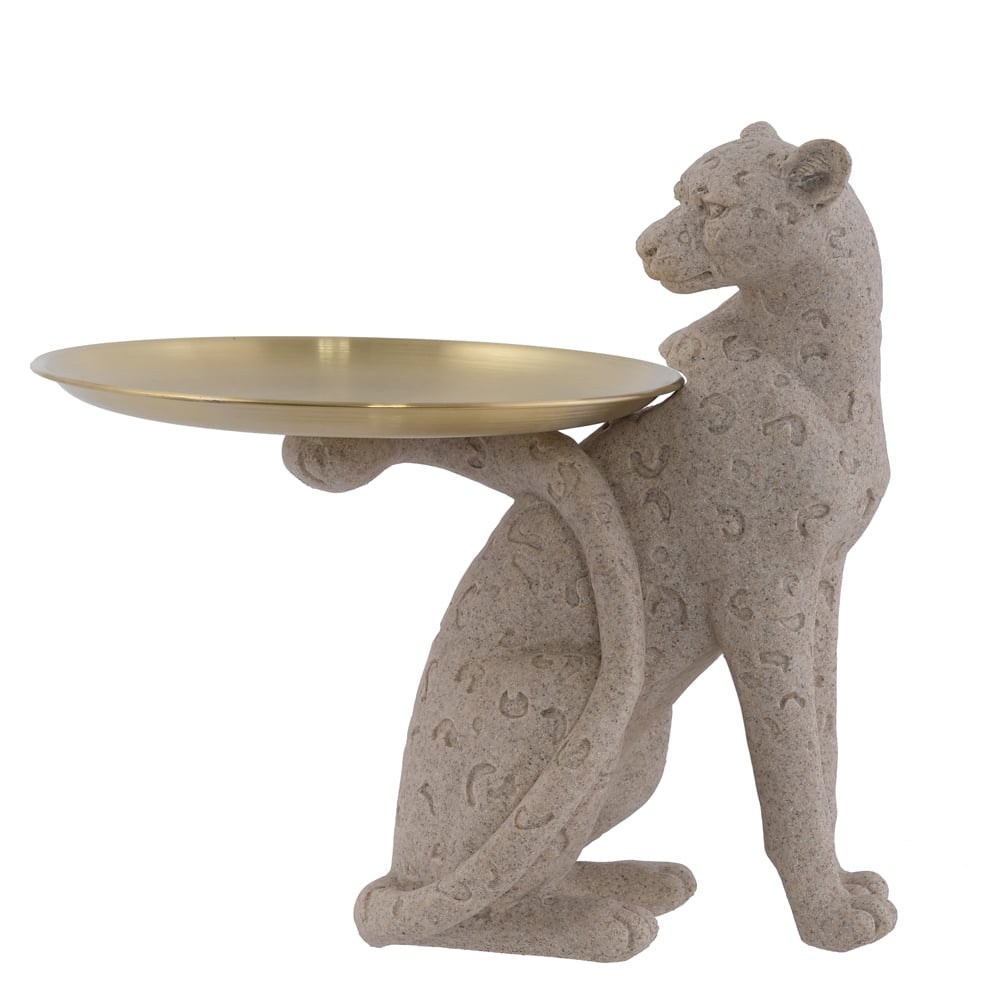 ESCULTURA DECOR POLIRESINA LEOPARDO C/ BANDEJA (DOURADO) 20,8X22X16cm