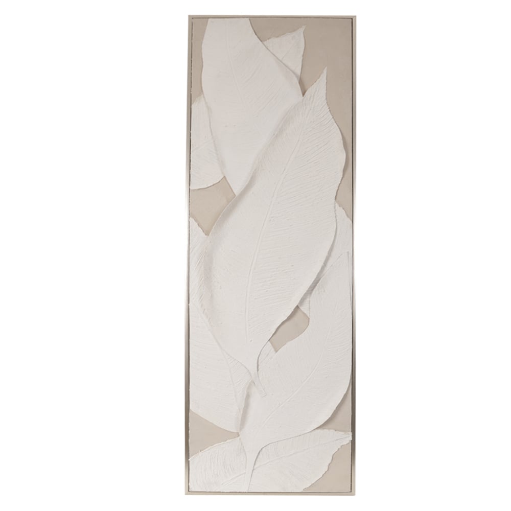 QUADRO DECORATIVO CANVAS COM PINTURA FOLHAS (BRANCO BEGE) 1,2mX40X3,5cm