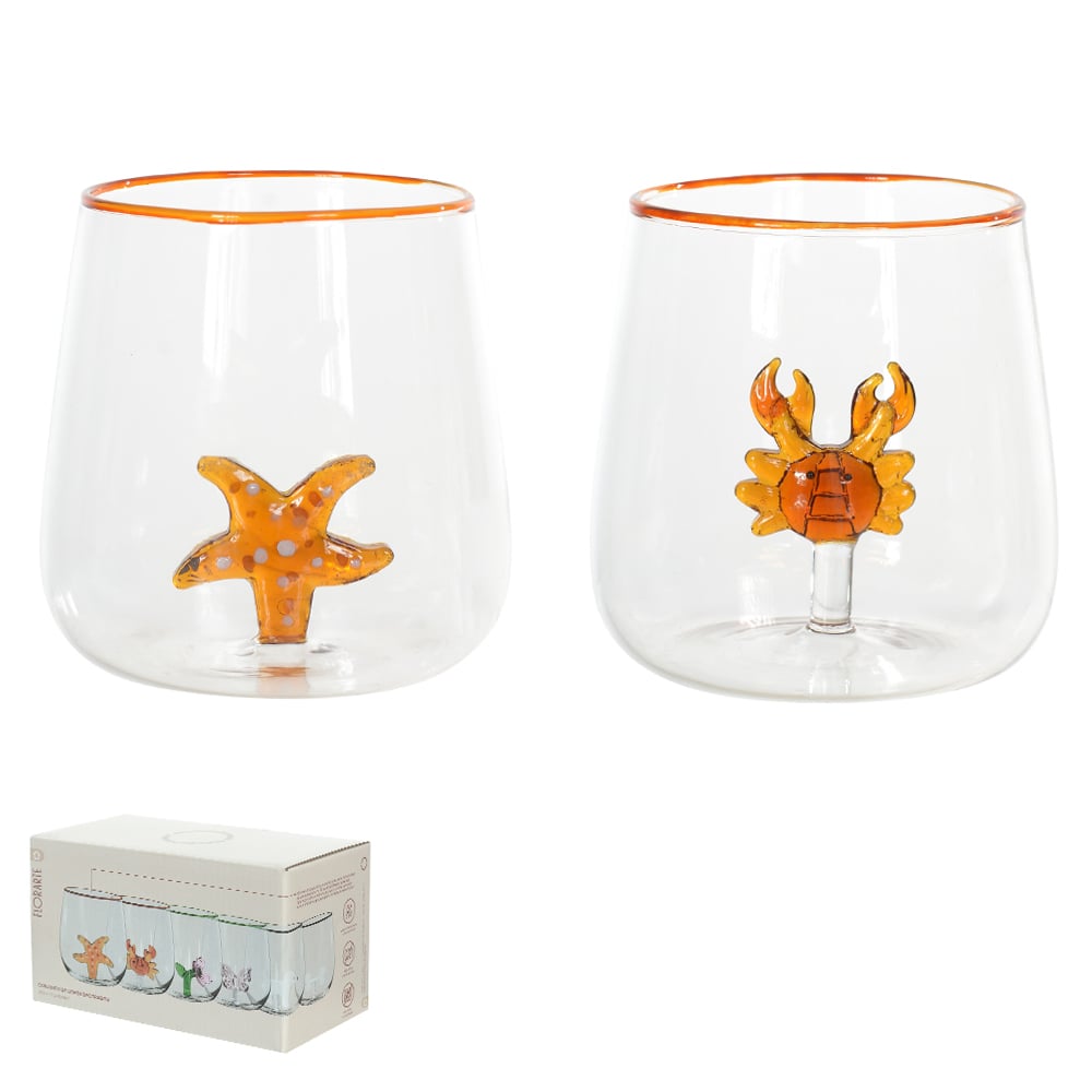 CJ COPOS DECORADOS 250ml 9X8,5cm C/2 PCS (TRANSPARENTE BD.AMBAR)