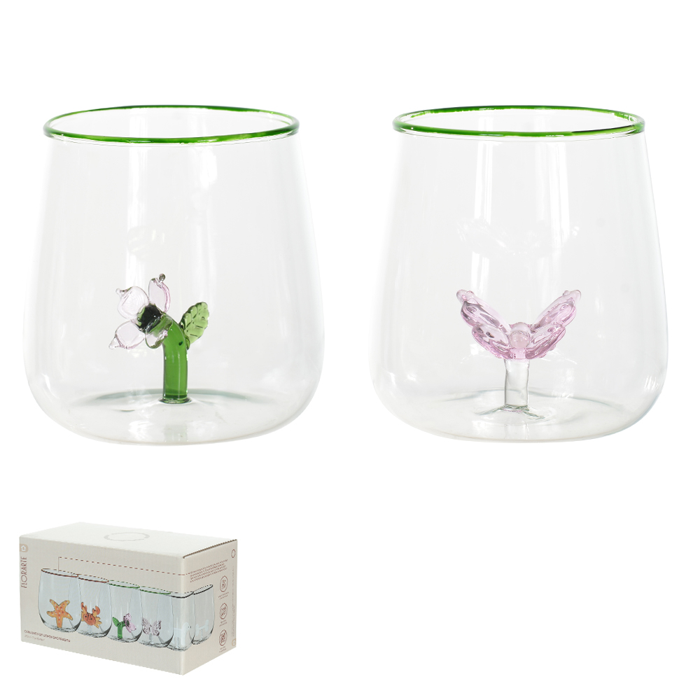 CJ COPOS DECORADOS 250ml 9X8,5cm C/2 PCS (TRANSPARENTE BD.VERDE)