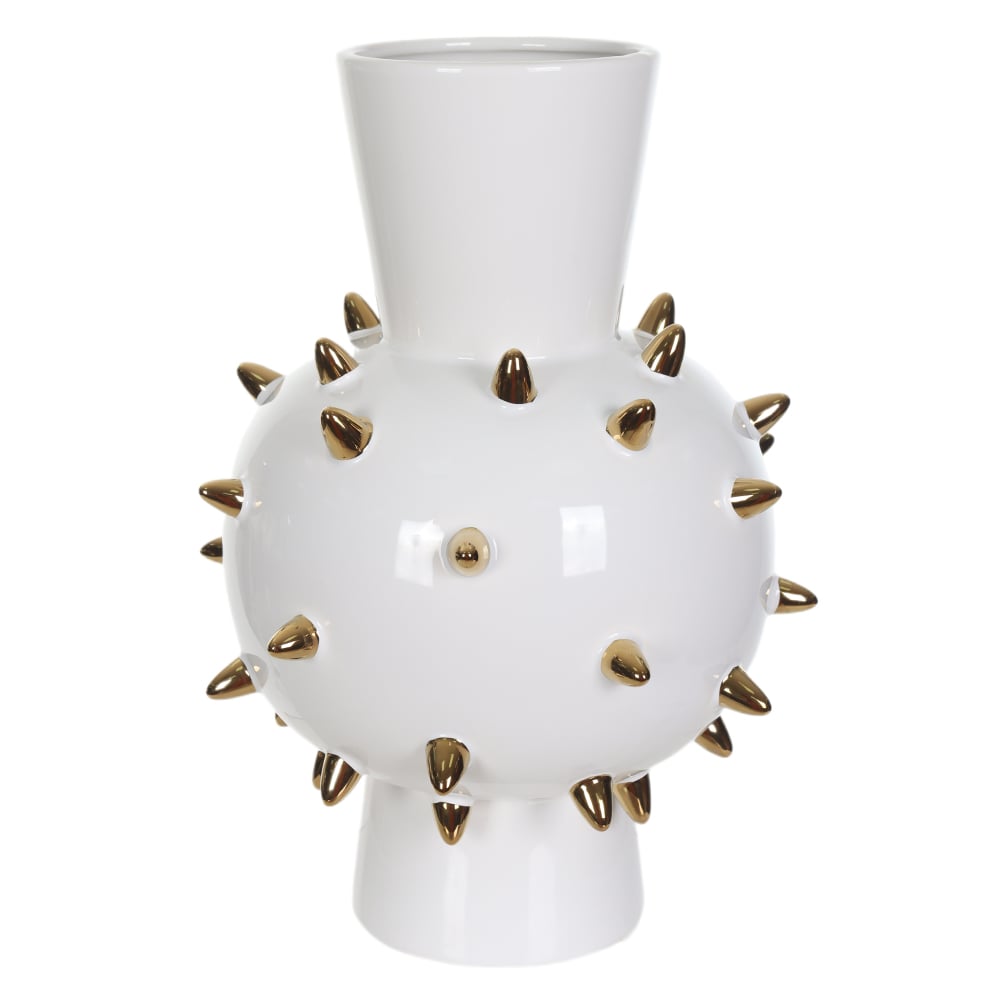 VASO DECORATIVO CERAMICA SPIKES (BRANCO DOURADO) 35cm 24,5d