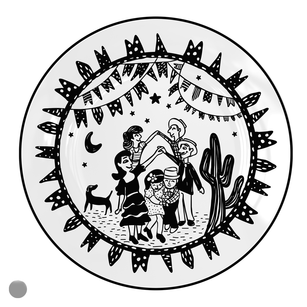 PRATO RASO VIDRO OPALINO CORDEL PB (BRANCO PRETO) 25,4cm