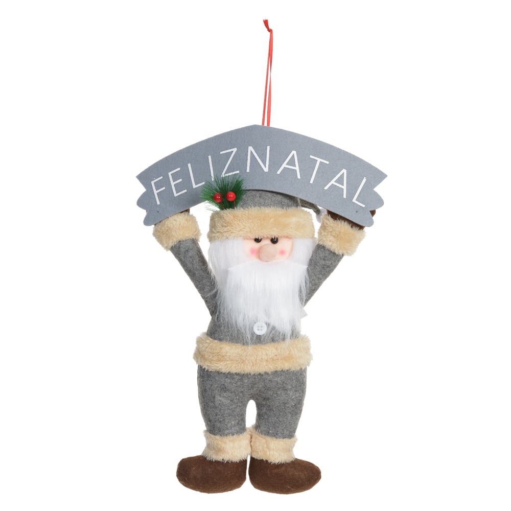 BONECO NATAL PAPAI NOEL PENDURAR (BEGE CINZA) 38X26cm