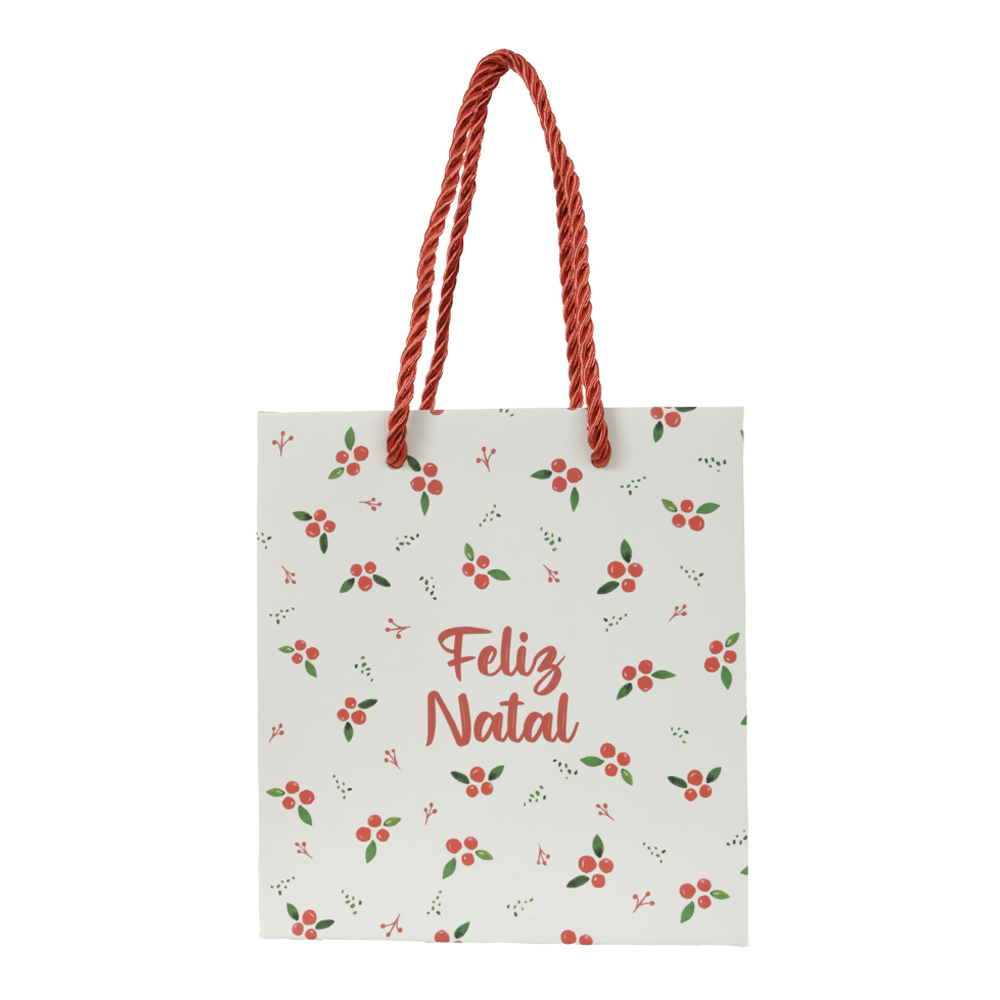 SACOLA DE PAPEL BERRY LISTRAS E POA (VERDE VERMELHO) 15,5X7X14,3cm