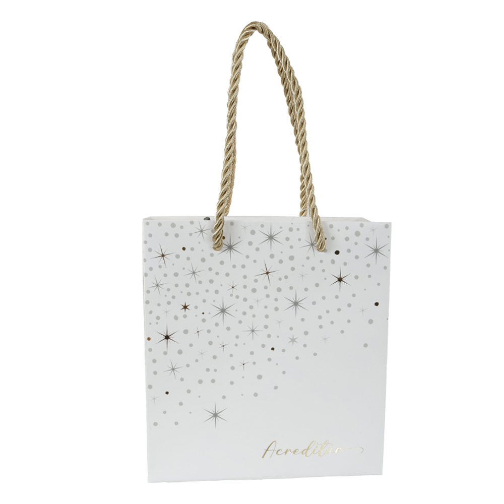 SACOLA DE PAPEL COM HOT STAMPING CELEBRAR (BRANCO DOURADO) 15,5X7X14,3cm