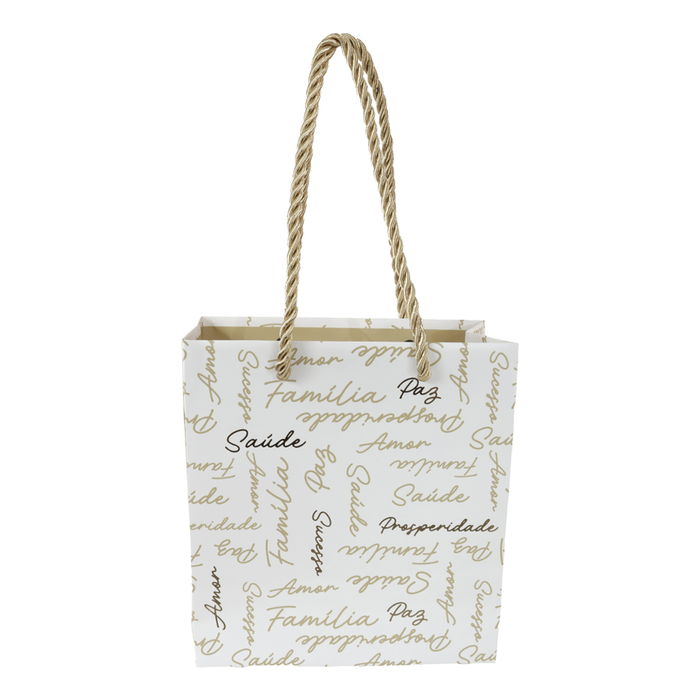 SACOLA DE PAPEL COM HOT STAMPING DESEJOS (BRANCO DOURADO) 15,5X7X14,3cm