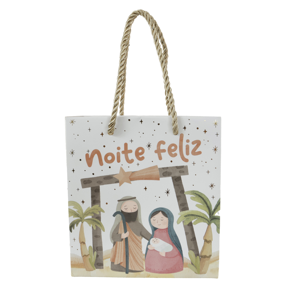 SACOLA DE PAPEL COM HOT STAMPING LAPINHA (BRANCO BEGE) 15,5X7X14,3cm