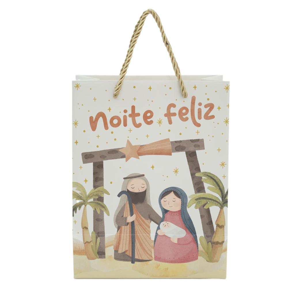 SACOLA DE PAPEL COM HOT STAMPING LAPINHA (BRANCO BEGE) 23X10X18cm