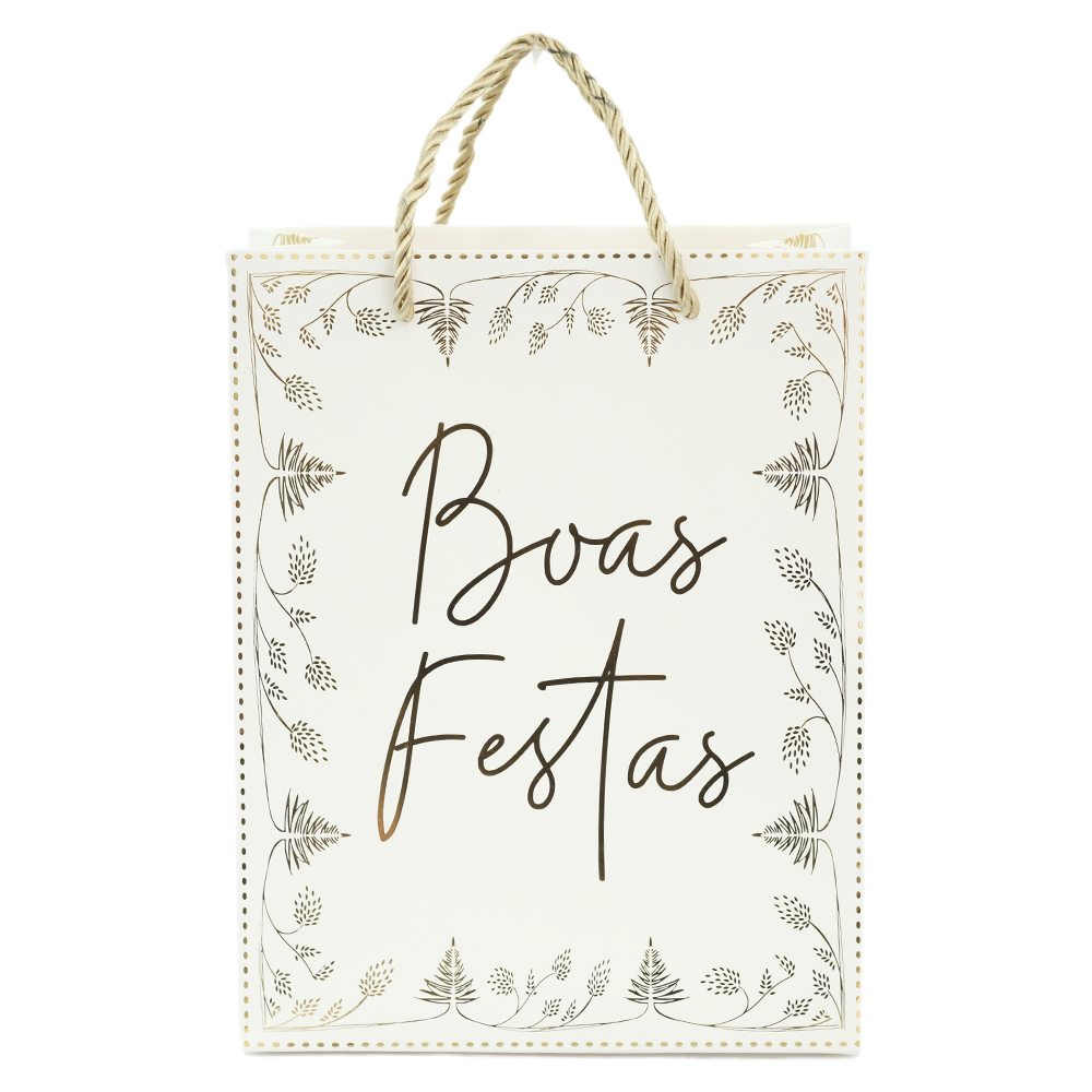 SACOLA DE PAPEL DOURADA (BRANCO DOURADO) 23X10X18cm