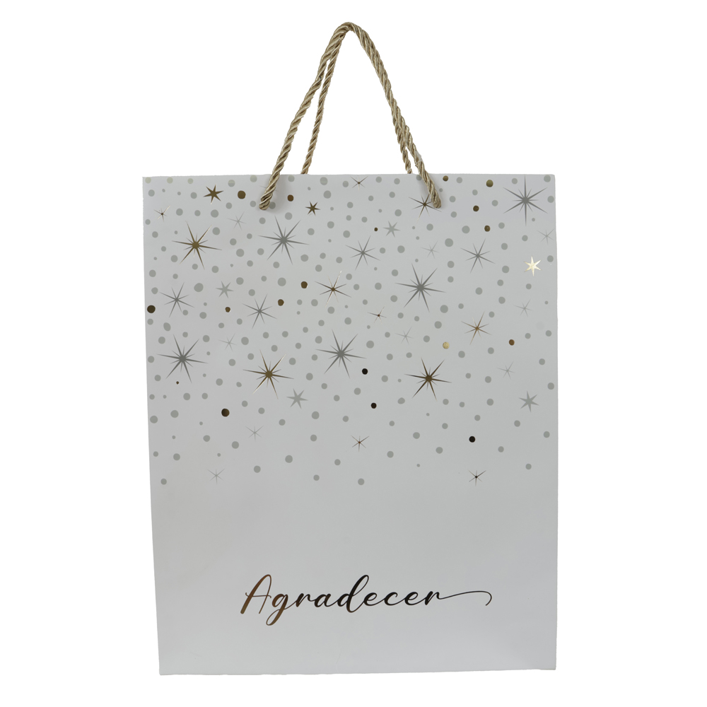 SACOLA DE PAPEL COM HOT STAMPING CELEBRAR (BRANCO DOURADO) 32X12X26cm