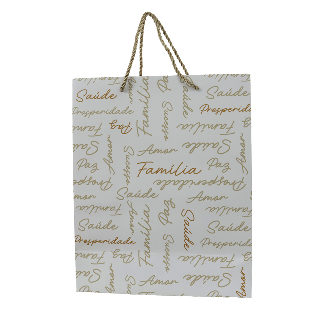 SACOLA DE PAPEL COM HOT STAMPING DESEJOS (BRANCO DOURADO) 32X12X26cm