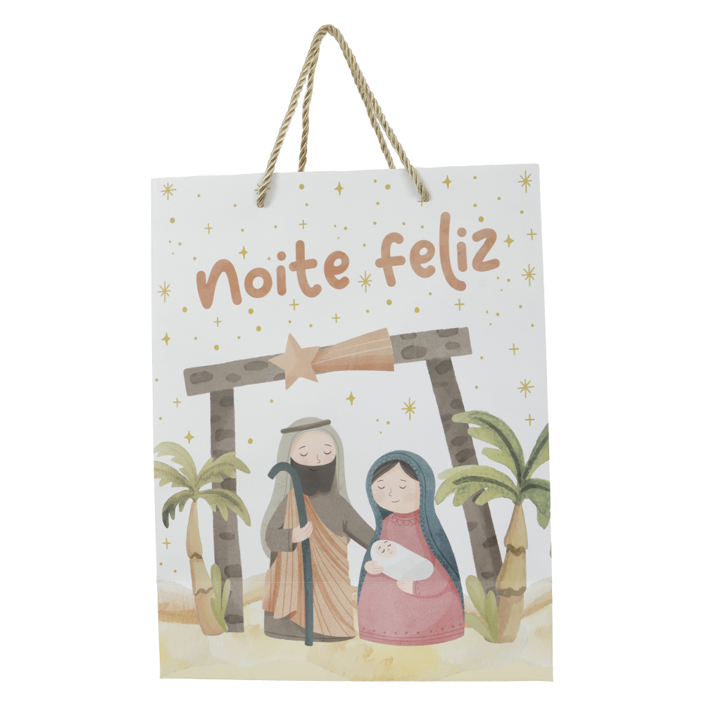 SACOLA DE PAPEL COM HOT STAMPING LAPINHA (BRANCO BEGE) 32X12X26cm