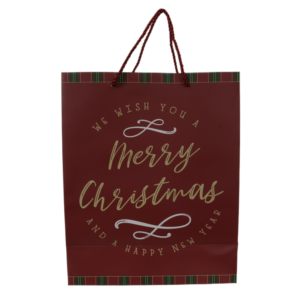 SACOLA DE PAPEL COM HOT STAMPING XADREZ (VERMELHO VERDE) 32X12X26cm