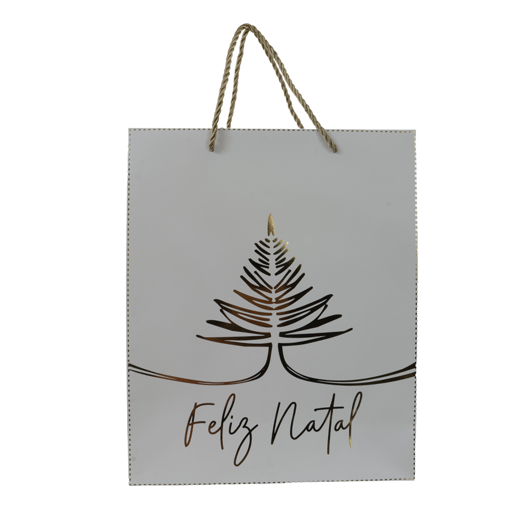 SACOLA DE PAPEL COM HOT STAMPING DOURADA (BRANCO DOURADO) 32X12X26cm