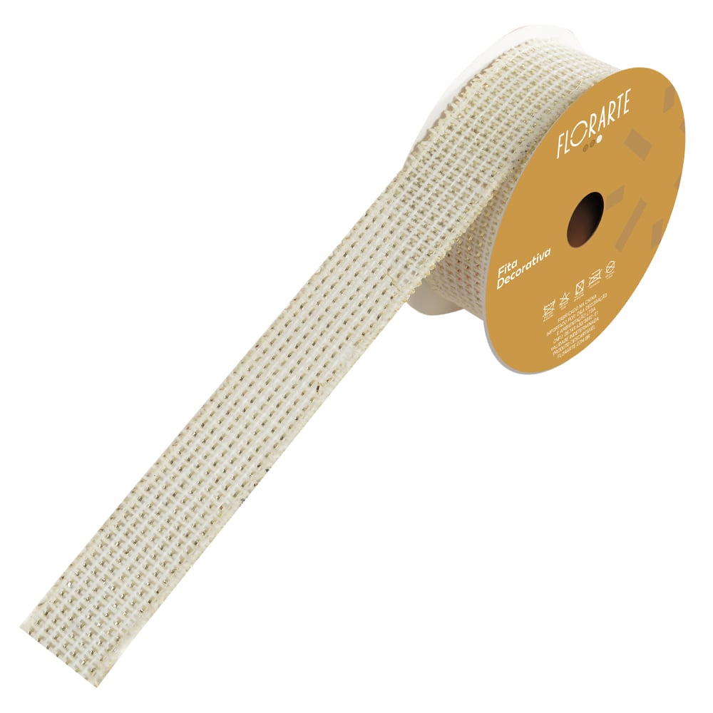 FITA ARAMADA JUTA C/FIO METALIZADO (BRANCO DOURADO) 9,14mX3,8cm