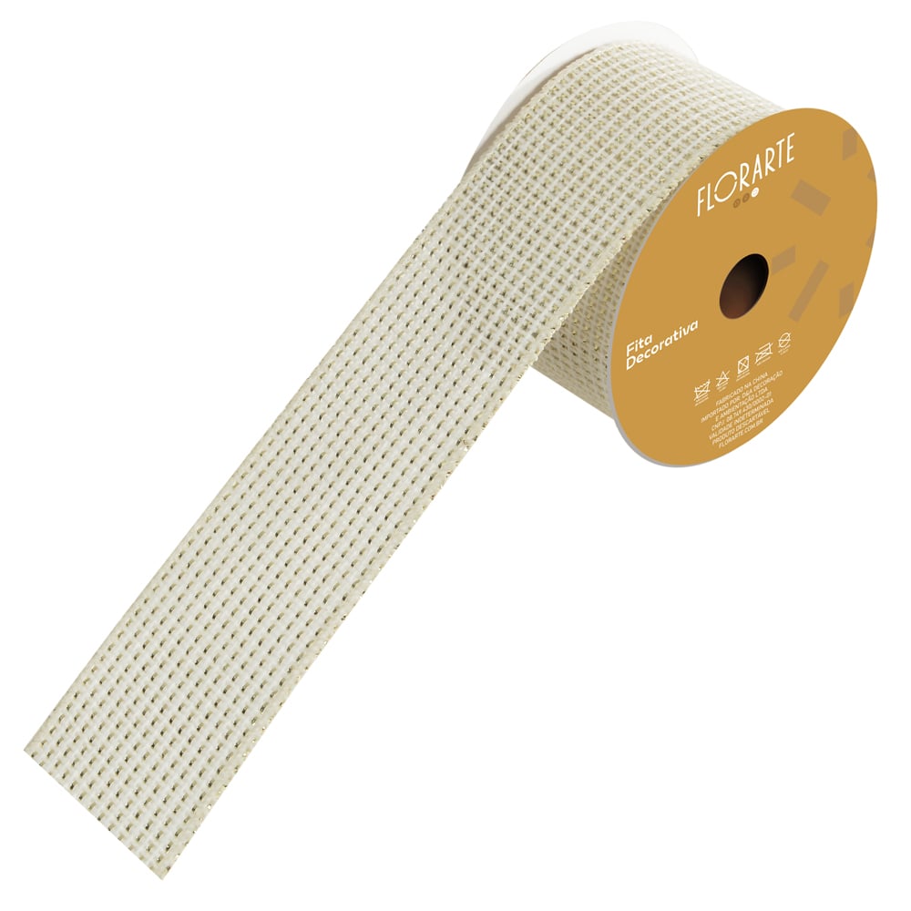FITA ARAMADA JUTA C/FIO METALIZADO (BRANCO DOURADO) 6,3cmX9,14m