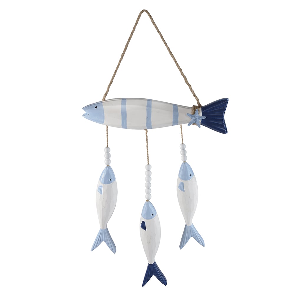 ESCULTURA DECORATIVA MADEIRA PEIXES (BRANCO AZUL) 65X33X4cm