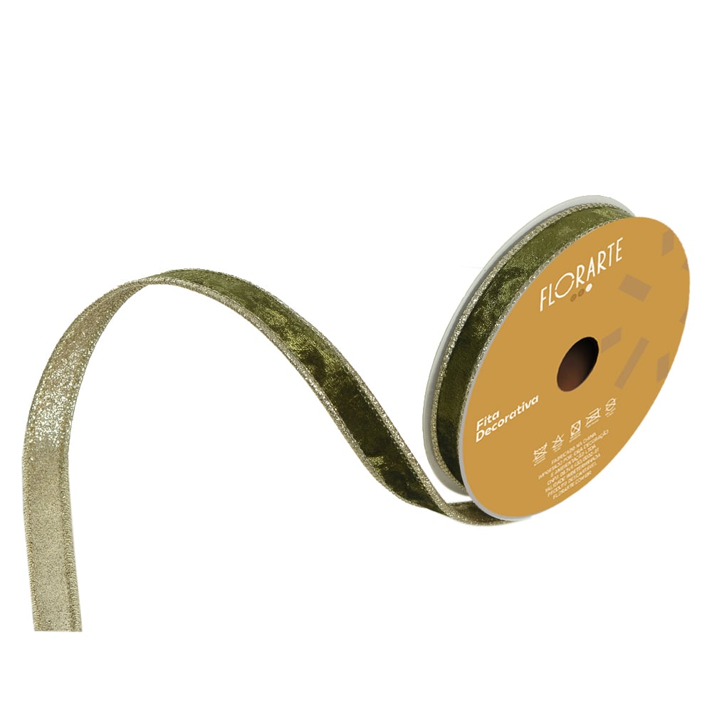 FITA ARAMADA VELUDO DUPLA FACE C/COSTURA (VERDE OLIVA CHAMPANHE) 1,5cmX9,14m