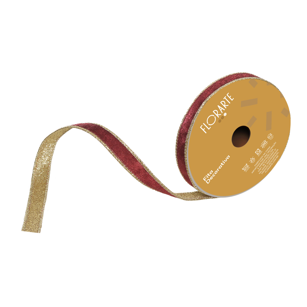 FITA ARAMADA VELUDO DUPLA FACE C/COSTURA (VERMELHO DOURADO) 1,5cmX9,14m