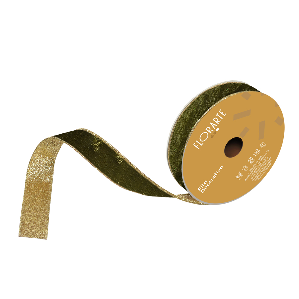 FITA ARAMADA VELUDO DUPLA FACE C/COSTURA (VERDE OLIVA CHAMPANHE) 2,5cmX9,14m