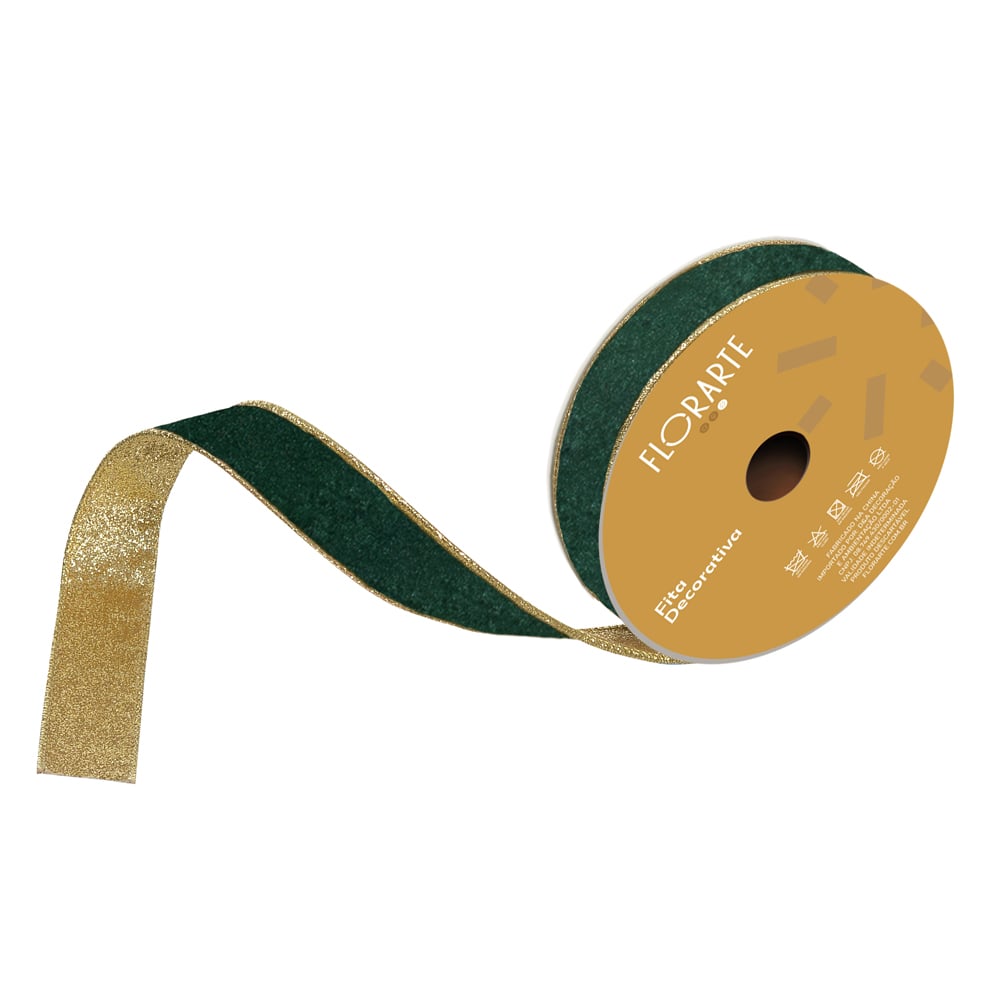 FITA ARAMADA VELUDO DUPLA FACE C/COSTURA (VERDE DOURADO) 2,5cmX9,14m