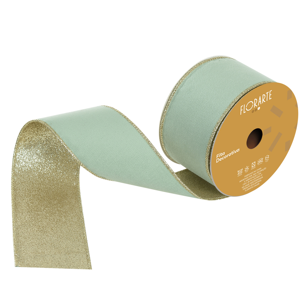 FITA ARAMADA VELUDO DUPLA FACE C/COSTURA (VERDE CLARO CHAMPANHE) 6,3cmX9,14m