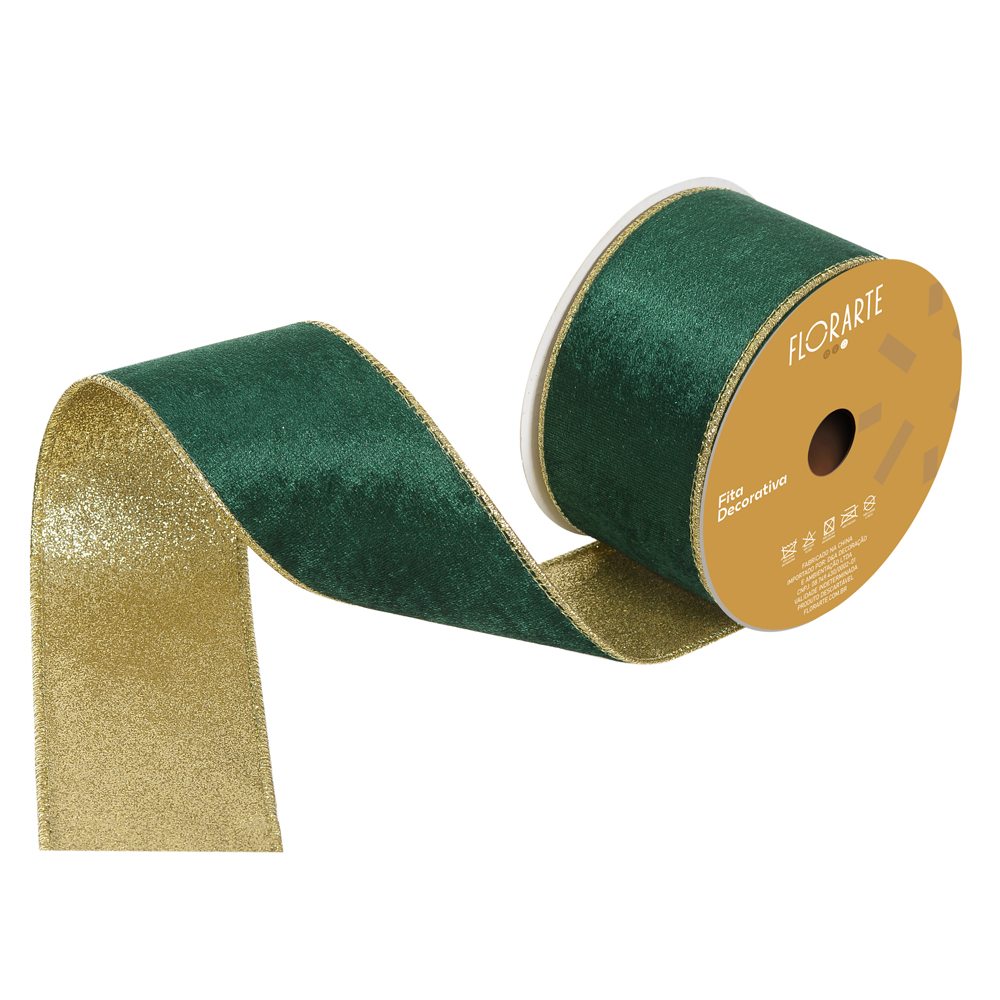 FITA ARAMADA VELUDO DUPLA FACE C/COSTURA (VERDE DOURADO) 6,3cmX9,14m